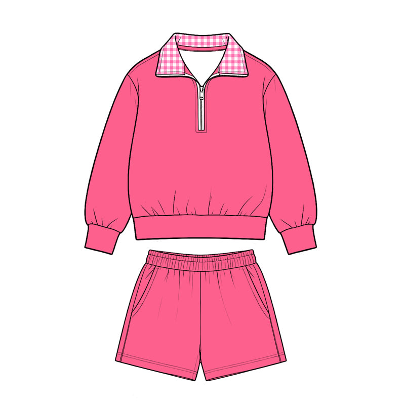 (Preorder new) No moq Baby Girls Solid Color Long Sleeve Zip Pullovers Pockets Short Clothes Set