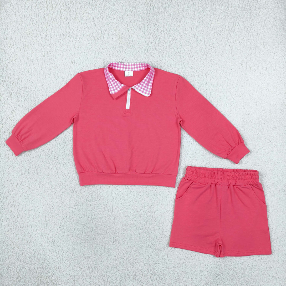 NEW RTS NO MOQ cotton GLS0225 Baby Girls Watermelon Red Long Sleeve Zip Front Pullover Side Pockets Short Set