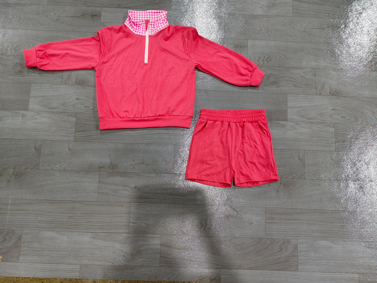 (Sample) No moq cotton GLS0225 Baby Girls Pink Long Sleeve Zip Front Pullover Side Pockets Short Clothes Set