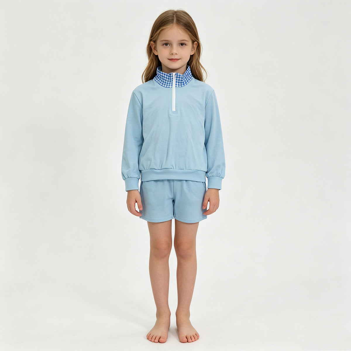 (Sample) No moq cotton GLS0226 Baby Girls Light Blue Long Sleeve Zip Front Pullover Side Pockets Short Clothes Set