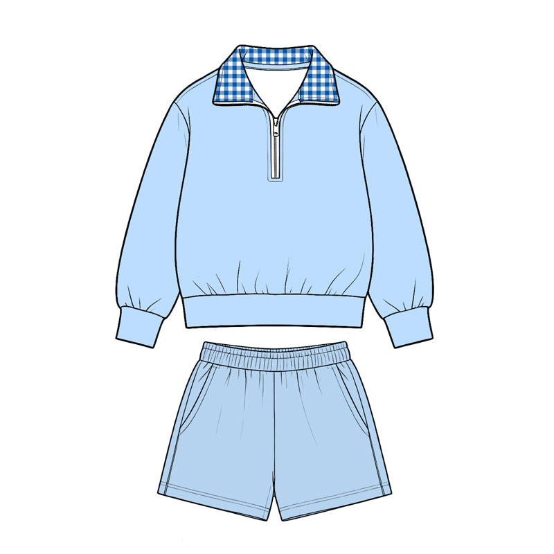 (Preorder new) No moq Baby Girls Solid Color Long Sleeve Zip Pullovers Pockets Short Clothes Set