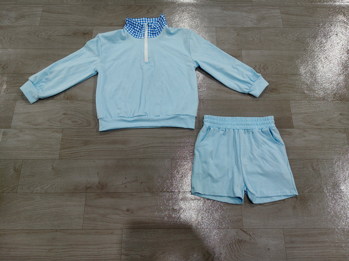(Sample) No moq cotton GLS0226 Baby Girls Light Blue Long Sleeve Zip Front Pullover Side Pockets Short Clothes Set