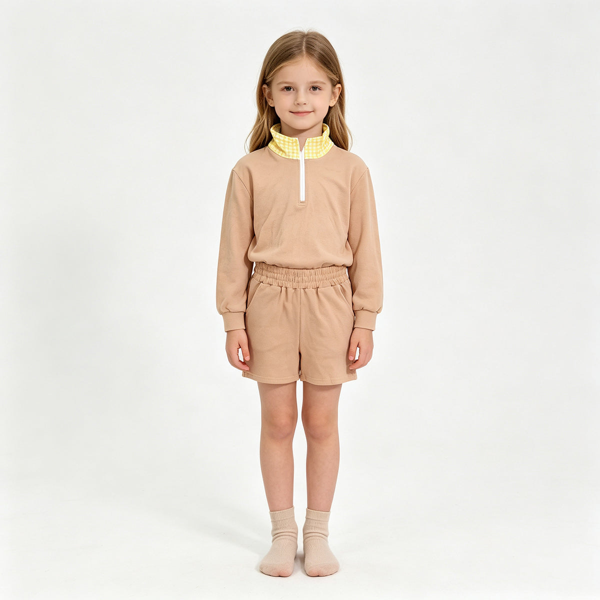 (Sample) No moq cotton GLS0227 Baby Girls Khaki Long Sleeve Zip Front Pullover Side Pockets Short Clothes Set