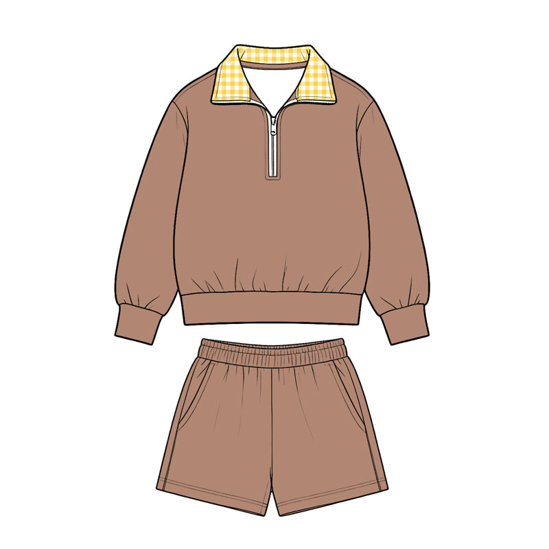 (Preorder new) No moq Baby Girls Solid Color Long Sleeve Zip Pullovers Pockets Short Clothes Set