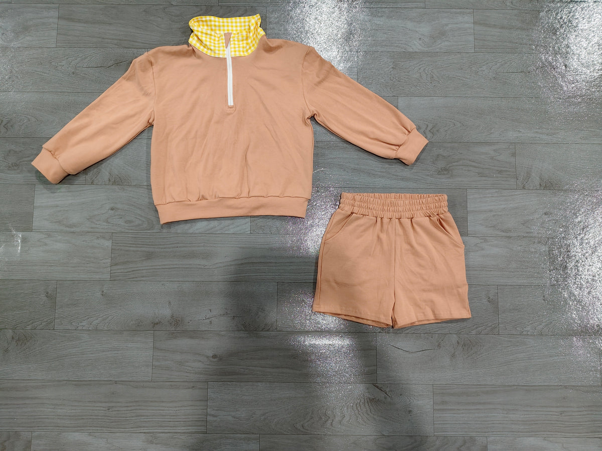 (Sample) No moq cotton GLS0227 Baby Girls Khaki Long Sleeve Zip Front Pullover Side Pockets Short Clothes Set