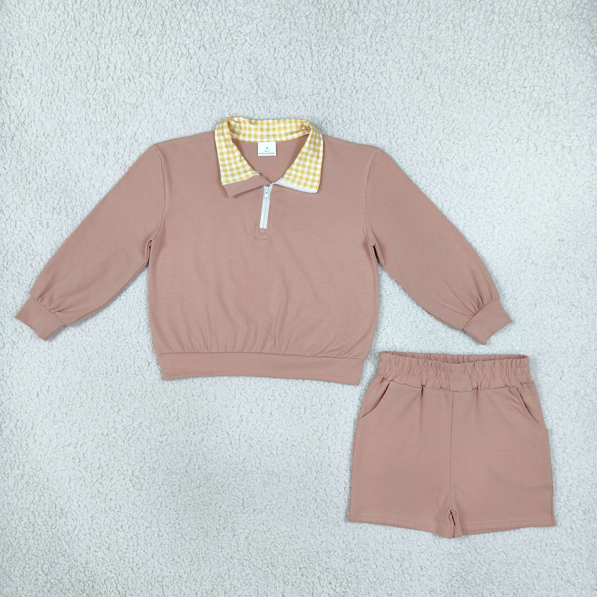 NEW RTS NO MOQ cotton GLS0227 Baby Girls Khaki Long Sleeve Zip Front Pullover Side Pockets Short Set