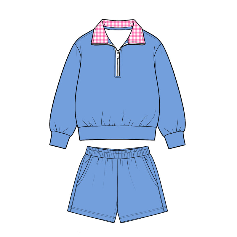 (Preorder new) No moq Baby Girls Solid Color Long Sleeve Zip Pullovers Pockets Short Clothes Set