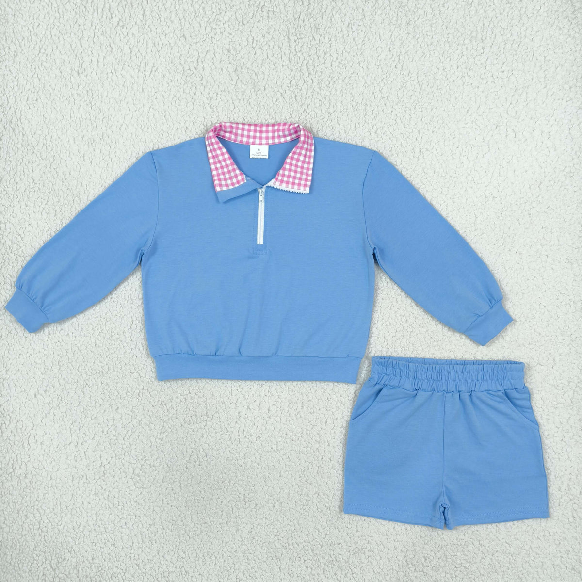 NEW RTS NO MOQ cotton GLS0228 Baby Girls Blue Long Sleeve Zip Front Pullover Side Pockets Short Set