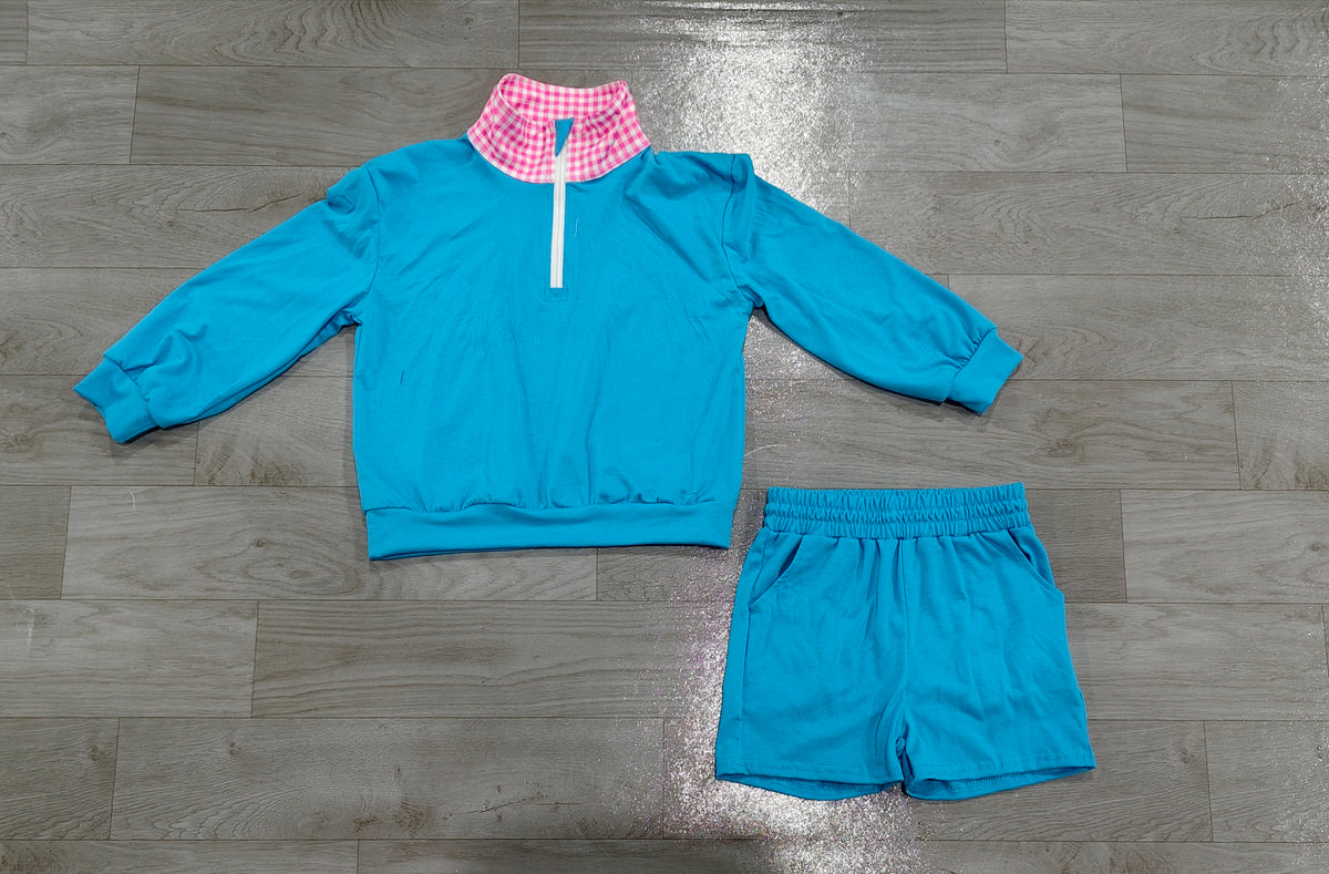 (Sample) No moq cotton GLS0228 Baby Girls Blue Long Sleeve Zip Front Pullover Side Pockets Short Clothes Set