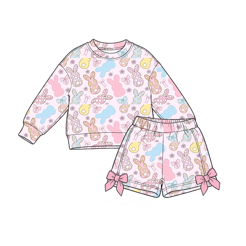 (Preorder new) No moq Baby Girls Easter Casual Bunny Egg Print Long‑Sleeve Top Bow Short Clothing Set