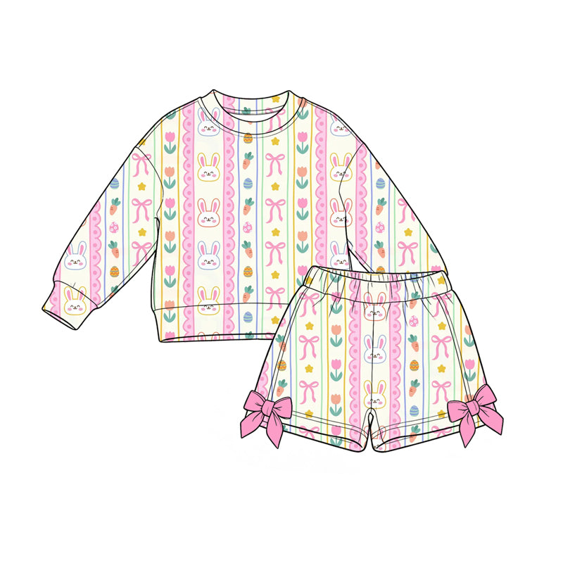 (Preorder new) No moq Baby Girls Easter Casual Bunny Egg Print Long‑Sleeve Top Bow Short Clothing Set