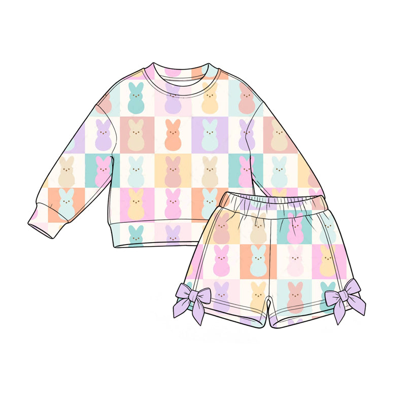 (Preorder new) No moq Baby Girls Easter Casual Bunny Egg Print Long‑Sleeve Top Bow Short Clothing Set