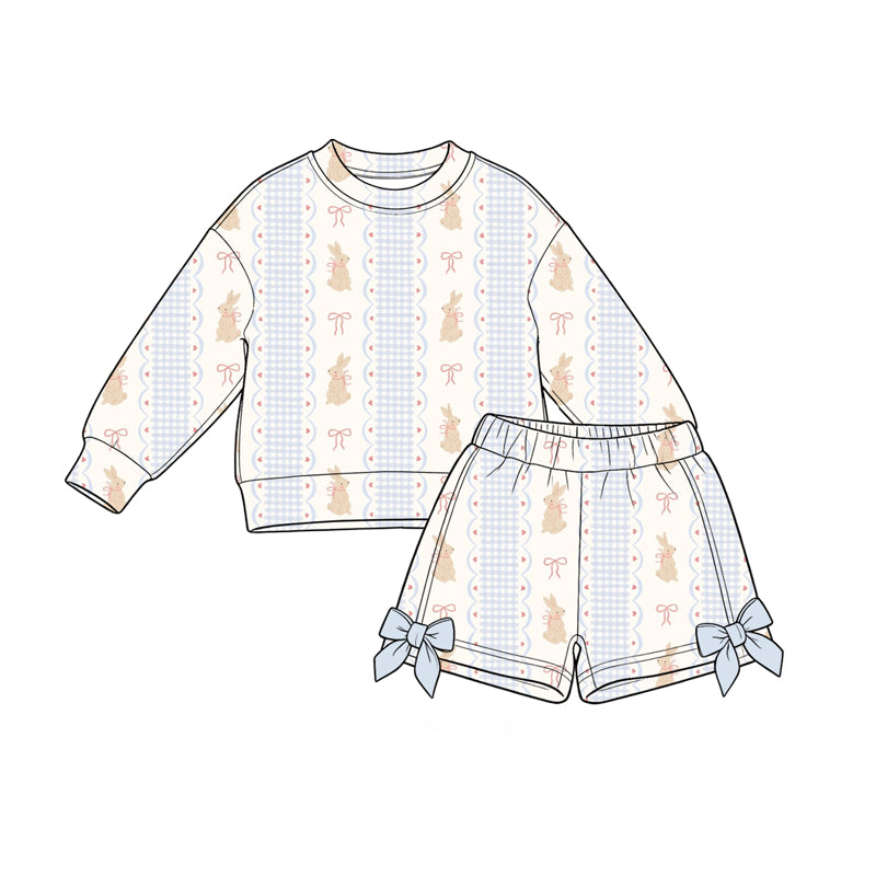 (Preorder new) No moq Baby Girls Easter Casual Bunny Egg Print Long‑Sleeve Top Bow Short Clothing Set