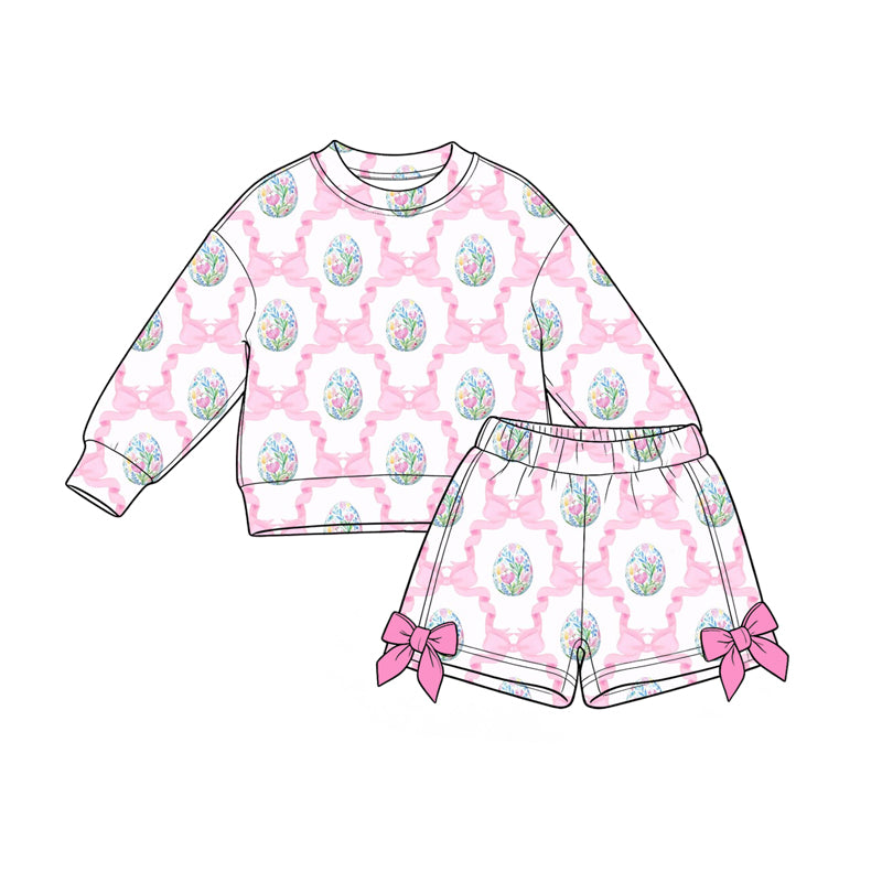 (Preorder new) No moq Baby Girls Easter Casual Bunny Egg Print Long‑Sleeve Top Bow Short Clothing Set