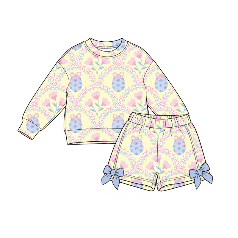 (Preorder new) No moq Baby Girls Easter Casual Bunny Egg Print Long‑Sleeve Top Bow Short Clothing Set
