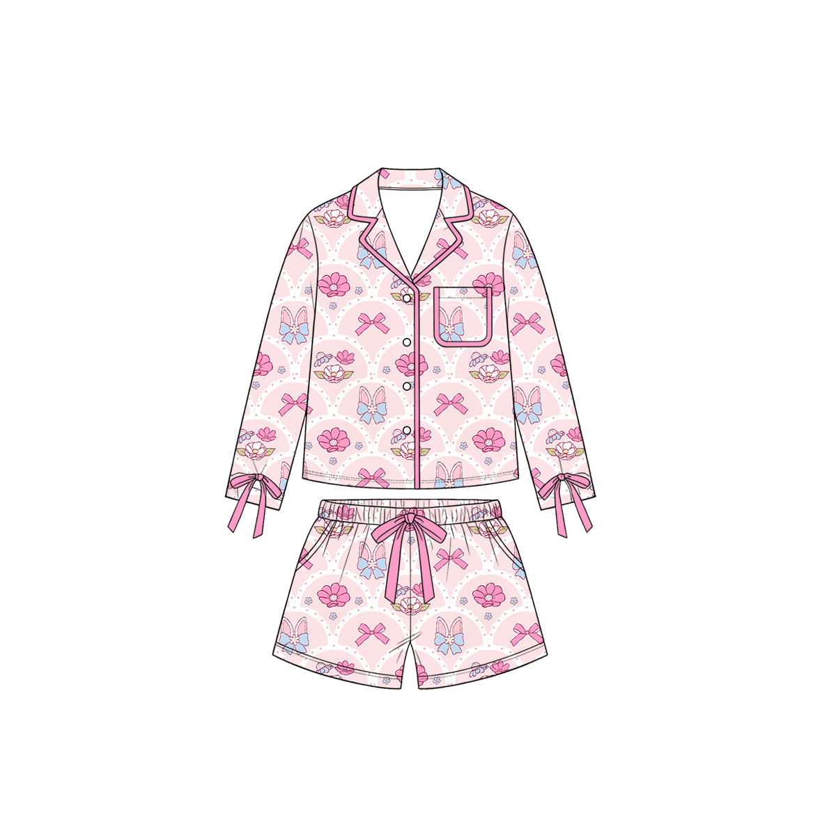 (Preorder new) No moq Baby Girls Pink Bunny Bow Flower Print Clothing Ruffle Hem Dress Button Down Pajama Set And Two Way Zip Romper Sleepwear Outfit Set