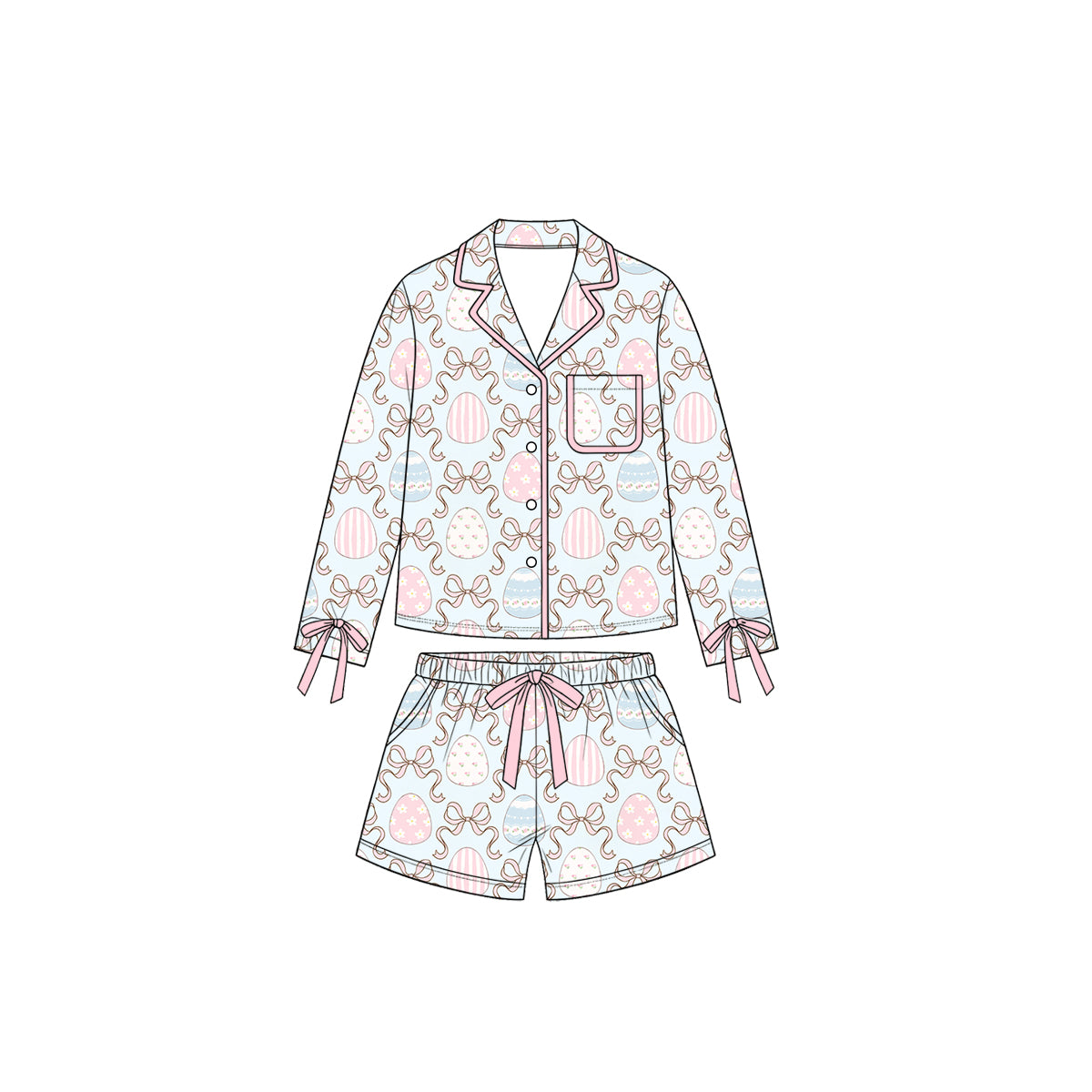 (Preorder new) No moq Baby Girls Easter Egg Bow Print Clothing Ruffle Hem Dress Button‑Down Pajama Set And Two‑Way Zip Baby Romper Spring Holiday Sleepwear Outfit Set