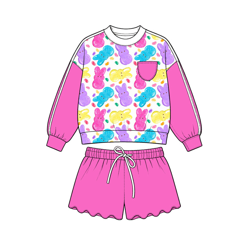 (Preorder new) No moq GLS0237 Baby Girls Colorful Rabbits Long Sleeve Pocket Top Scallop Short Easter Clothes Set
