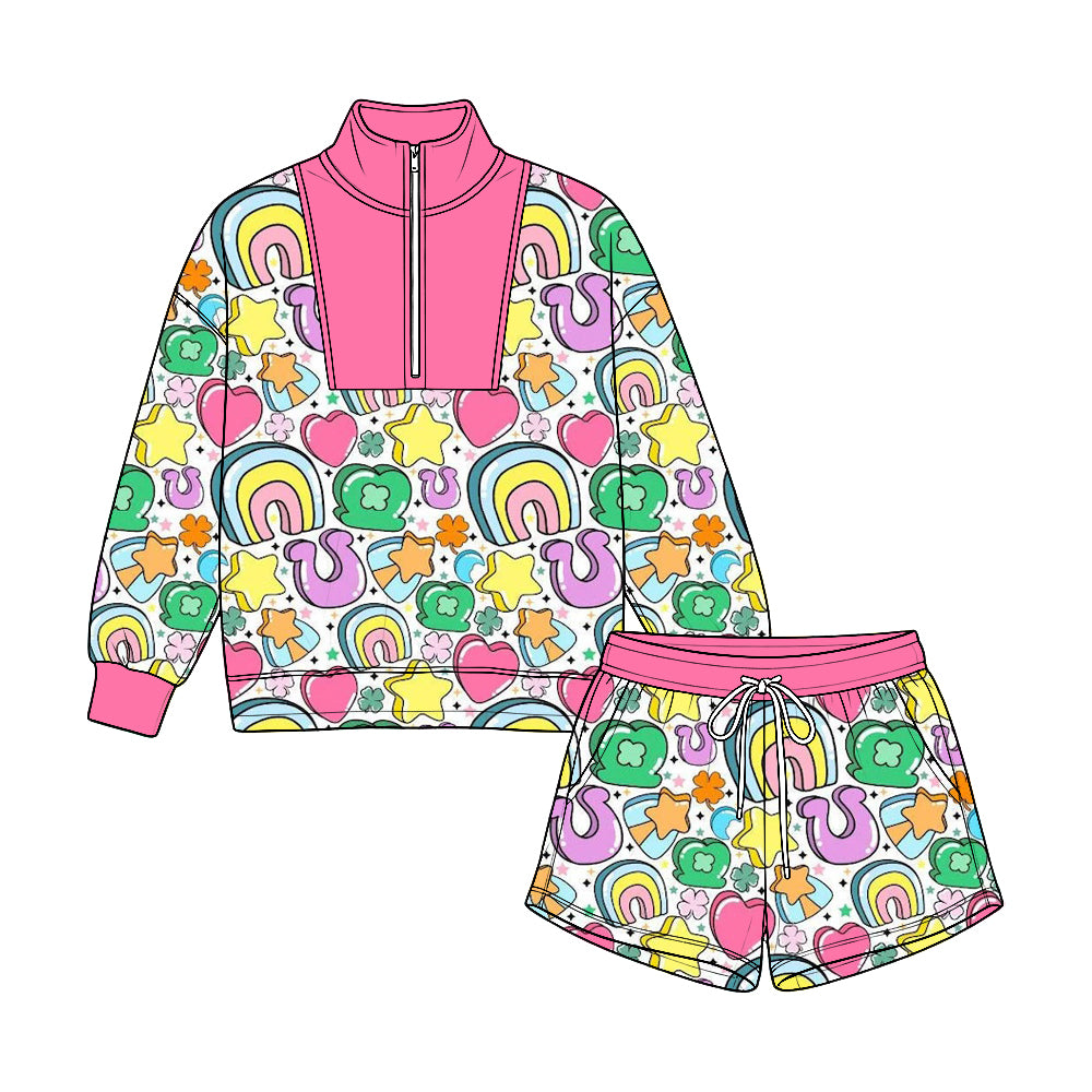(Preorder new) No moq GLS0238 Baby Girls Rainbows Clovers Long Sleeve Zip Pullover Pockets Short St Patrick Clothes Set