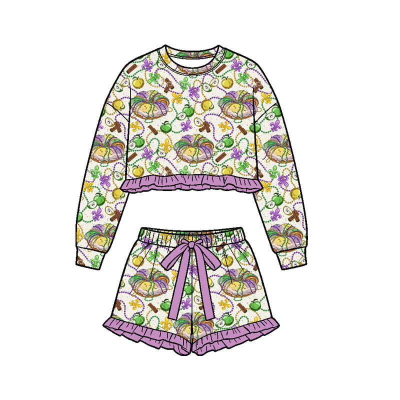(Preorder new) No moq Baby Girls Purple Print Ruffle Long‑Sleeve Sweatshirt Skirt Set