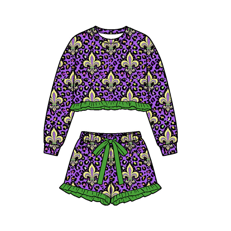 (Preorder new) No moq Baby Girls Purple Print Ruffle Long‑Sleeve Sweatshirt Skirt Set