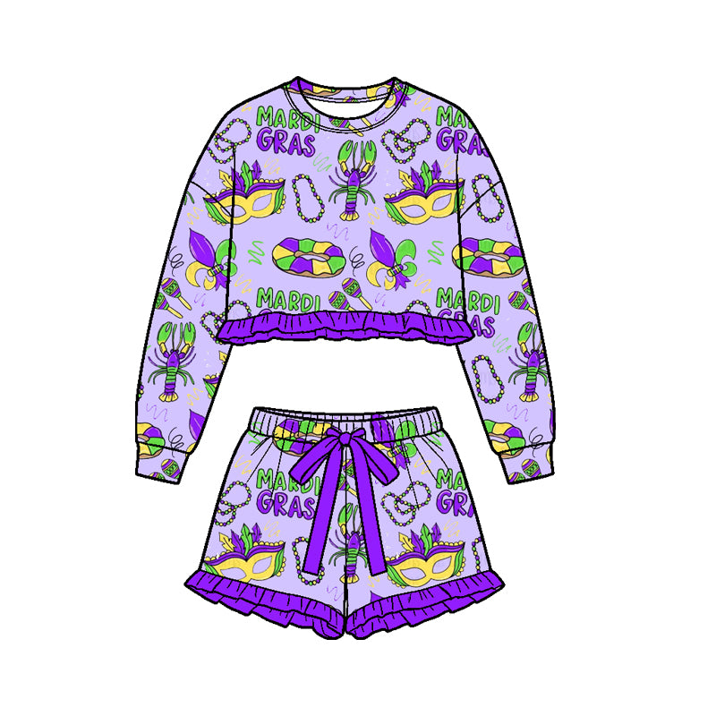 (Preorder new) No moq Baby Girls Purple Print Ruffle Long‑Sleeve Sweatshirt Skirt Set