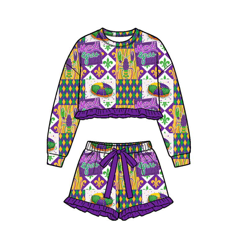 (Preorder new) No moq Baby Girls Purple Print Ruffle Long‑Sleeve Sweatshirt Skirt Set