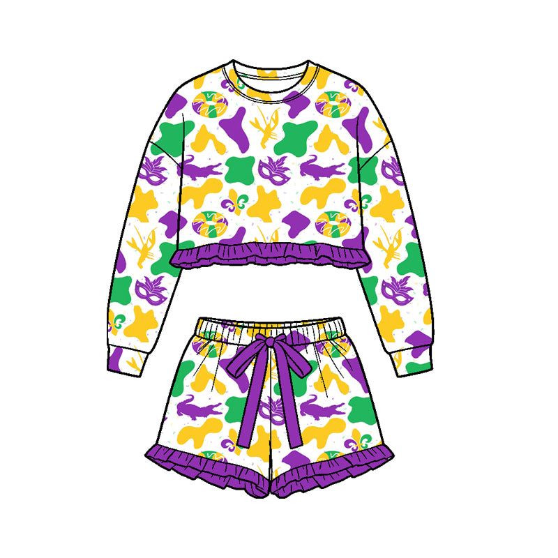 (Preorder new) No moq Baby Girls Purple Print Ruffle Long‑Sleeve Sweatshirt Skirt Set