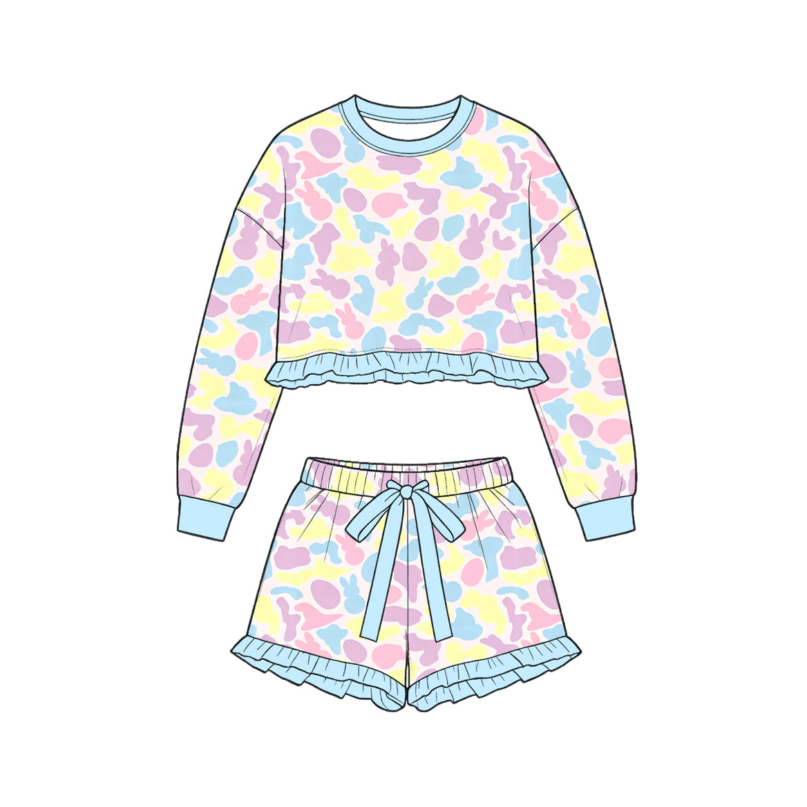 (Preorder new) No moq Toddler Girls Easter Bunny Camo Print Ruffle Crop Long Sleeve Top And Drawstring Ruffle Shorts Spring Pajamas Clothes Set