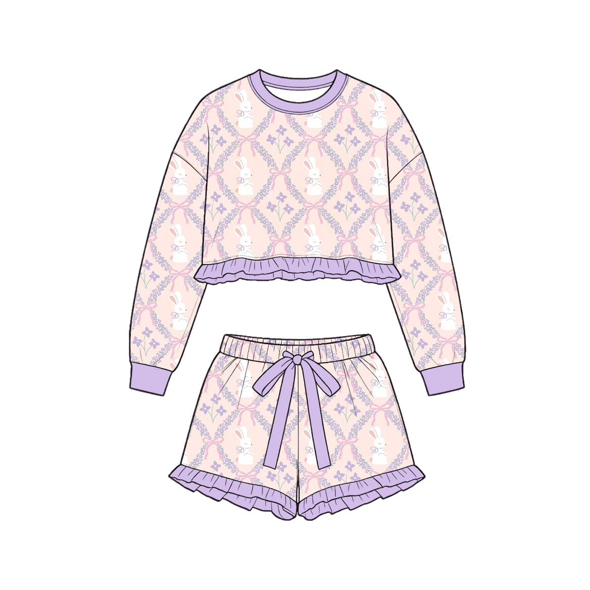 (Preorder new) No moq Toddler Girls Easter Bunny Camo Print Ruffle Crop Long Sleeve Top And Drawstring Ruffle Shorts Spring Pajamas Clothes Set
