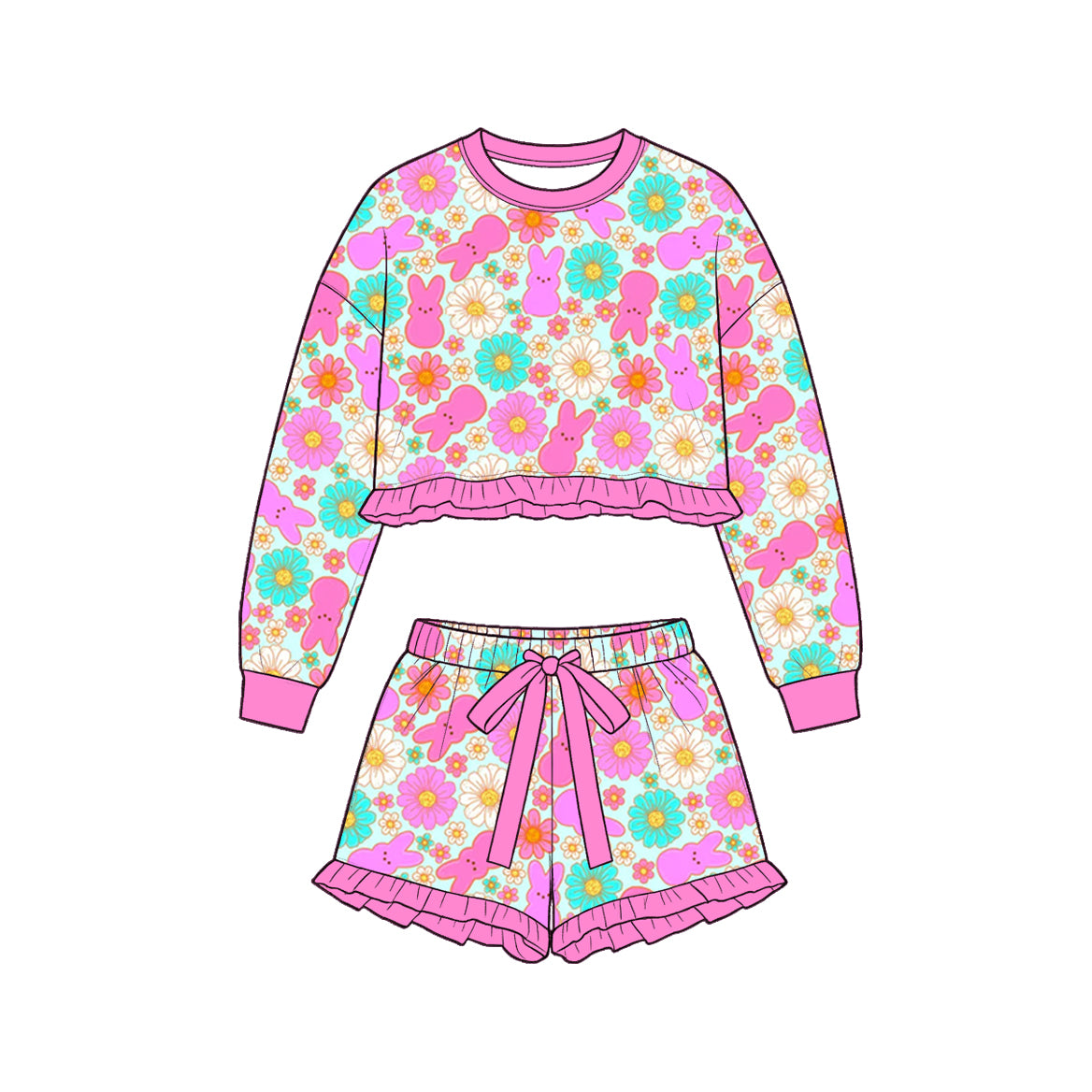 (Preorder new) No moq Toddler Girls Easter Bunny Camo Print Ruffle Crop Long Sleeve Top And Drawstring Ruffle Shorts Spring Pajamas Clothes Set