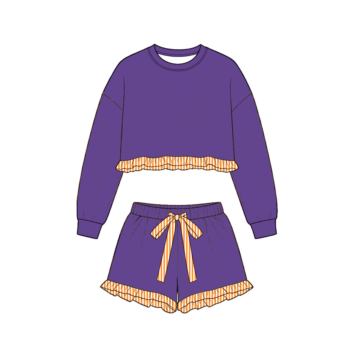 (Preorder new) No moq cotton Baby Girls Color Block Top And Striped Ruffle Trim Drawstring Shorts Casual Clothes Set