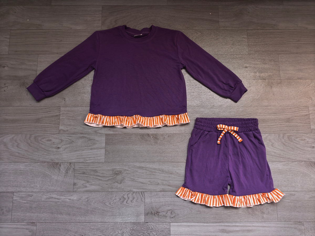 (Sample) No moq milk silk GLS0248 Baby Girls Purple Long Sleeve Shirt Top Ruffle Short Scallop Hem Clothes Set