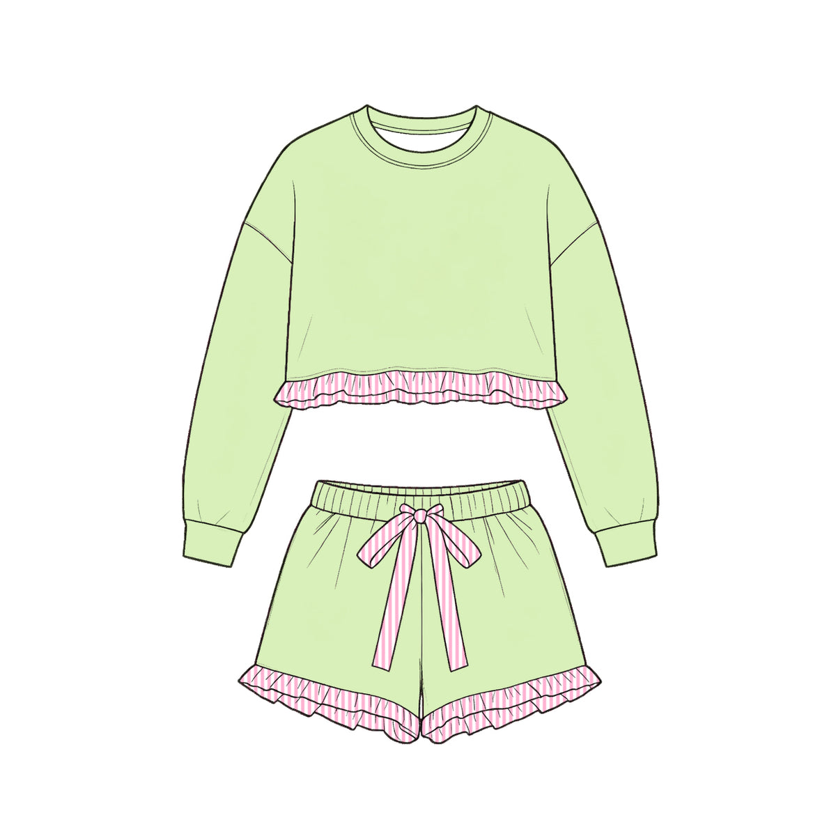 (Preorder new) No moq cotton Baby Girls Color Block Top And Striped Ruffle Trim Drawstring Shorts Casual Clothes Set
