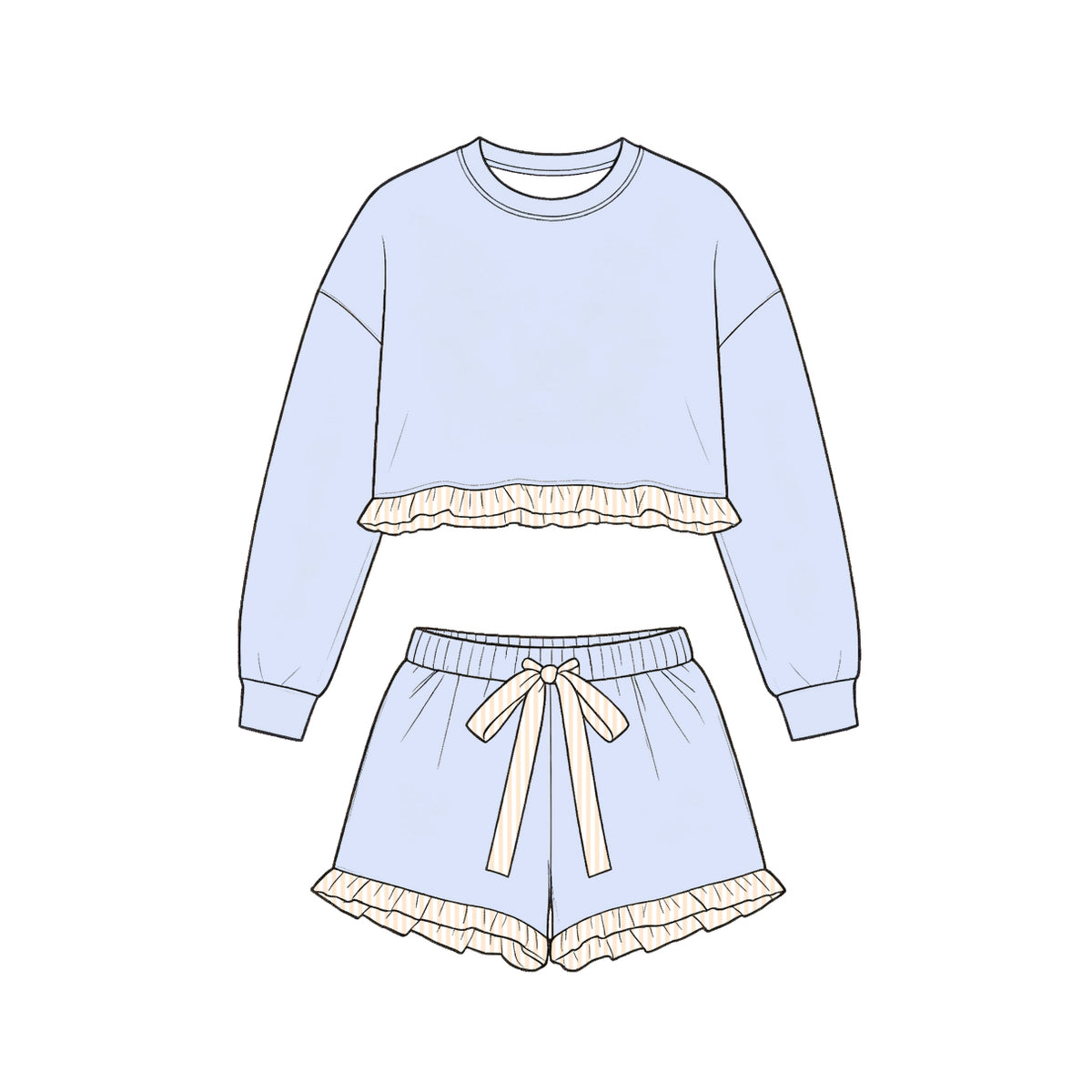 (Preorder new) No moq cotton Baby Girls Color Block Top And Striped Ruffle Trim Drawstring Shorts Casual Clothes Set