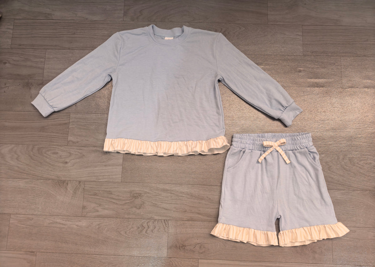 (Sample) No moq milk silk GLS0250 Baby Girls Light Blue Long Sleeve Shirt Top Ruffle Short Clothes Set
