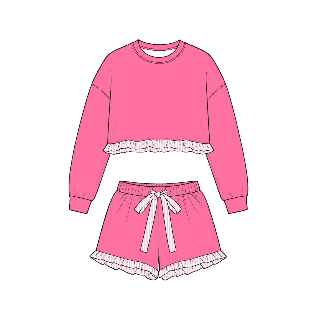 (Preorder new) No moq cotton Baby Girls Color Block Top And Striped Ruffle Trim Drawstring Shorts Casual Clothes Set
