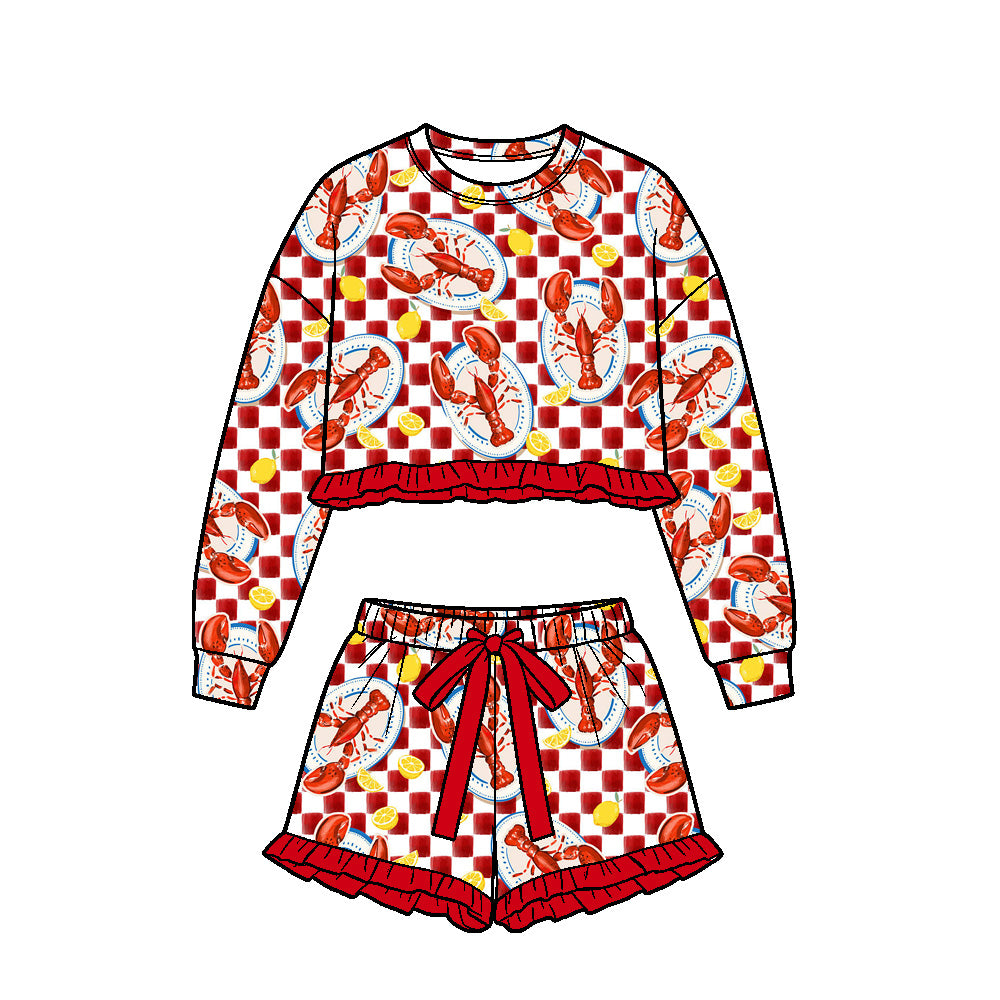 (Preorder new) No moq Baby Girls Red Checkered Crawfish Lemon Print Girls Ruffle Pajama Set Baby Zipper Romper
