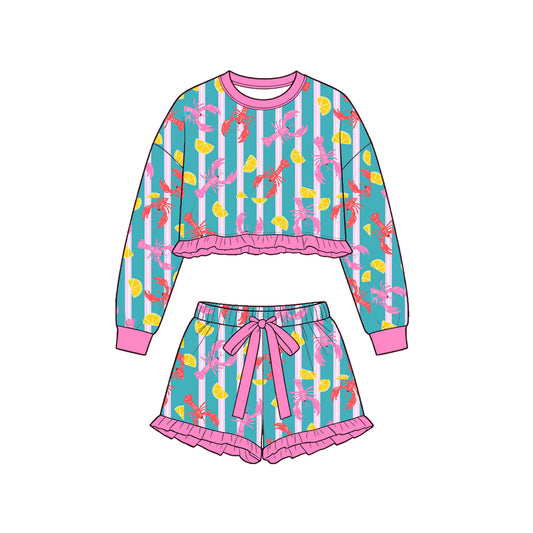 (Preorder new) No moq GLS0264 Baby Girls Crayfishes Lemons Long Sleeve Top Ruffle Short Set