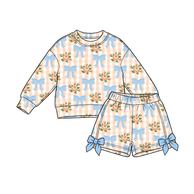(Preorder new) No moq Baby Girls Orange Gingham Rose Bow Print Top and Bow Trim Shorts Set Romper