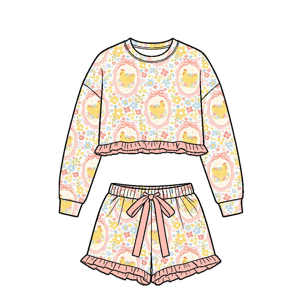 (Preorder new) No moq Girls Easter Chick Floral Print Ruffle Outfit Set Toddler Long Sleeve Top Shorts And Flutter Sleeve Dress