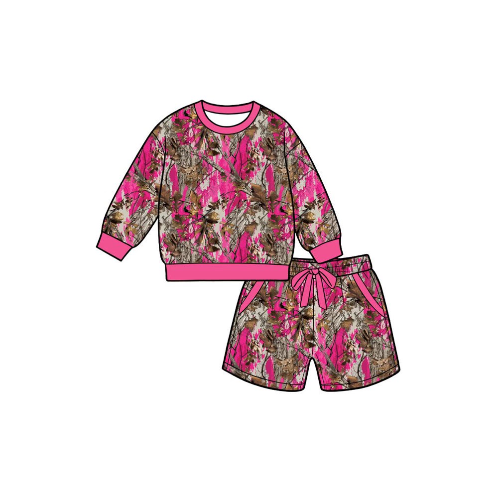 (Preorder new) No moq Adult To Match Kids Pink Camo Long Sleeve Sweatshirt And Drawstring Short Set