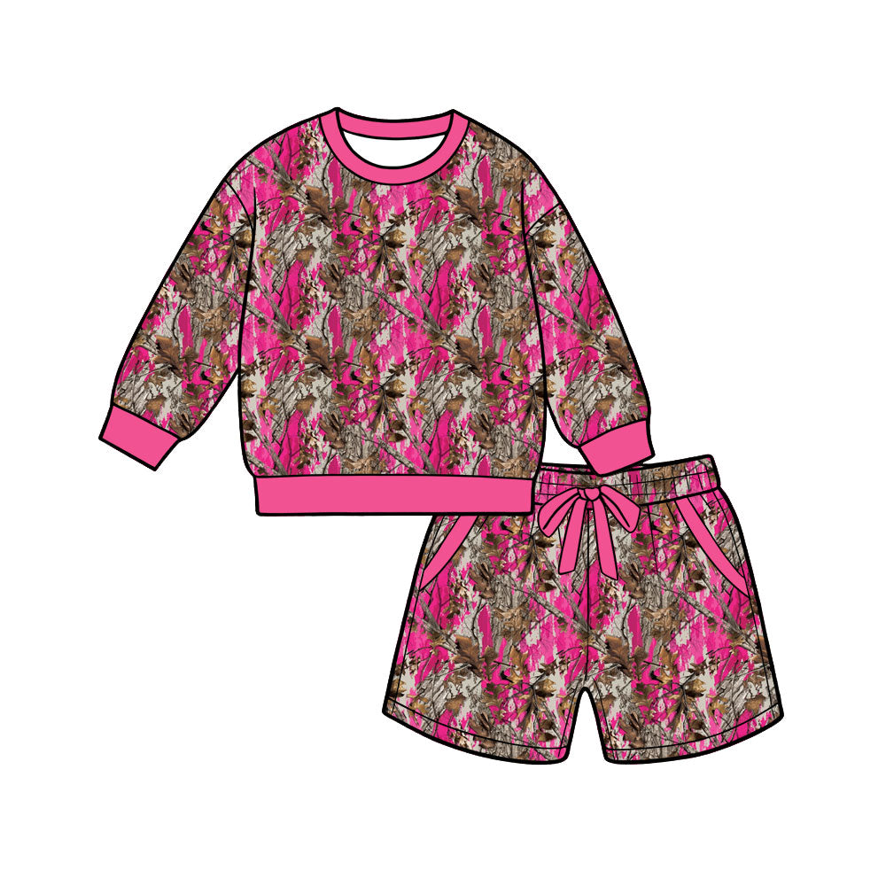 (Preorder new) No moq Adult To Match Kids Pink Camo Long Sleeve Sweatshirt And Drawstring Short Set