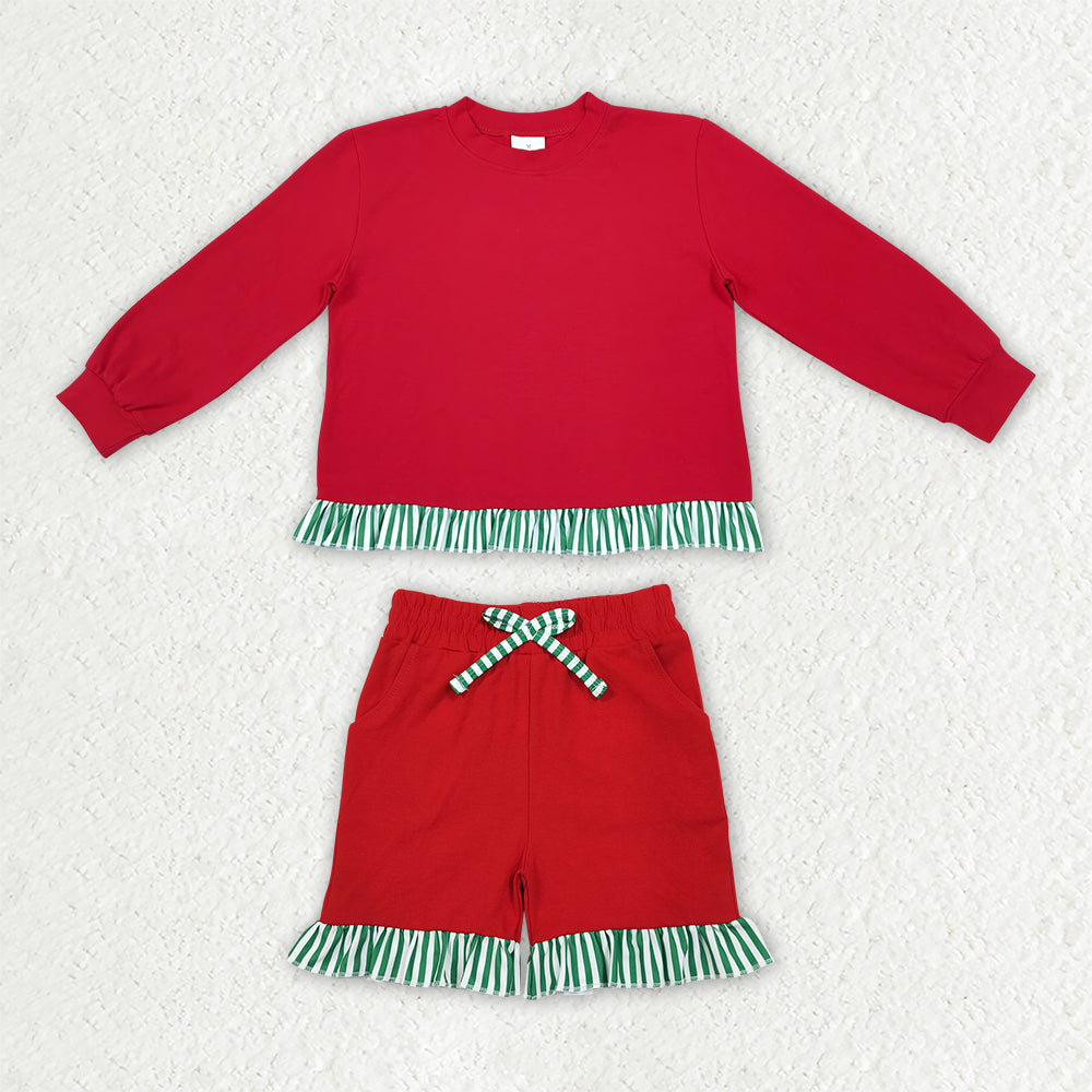 NEW RTS NO MOQ milk silk GLS0269（GT1935+SS0997）Baby Girls Red Green Stripe Shirts Elastic Waist Pockets Ruffle Short Clothes Set