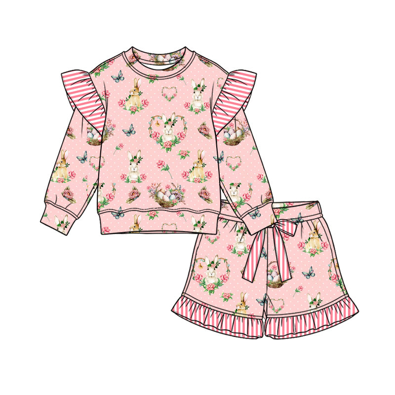 (Preorder new) No moq Baby Girls Pink Easter Bunny Floral Print Long Sleeve Short Set Pajama Set Ruffle Dress And Zipper Romper