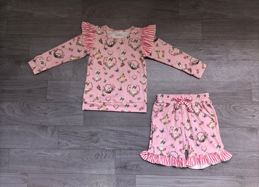 (Sample) No moq milk silk GLS0270 Baby Girls Easter Rabbit Egg Basket Print Stripe Ruffle Shoulder Long Sleeve Top Shorts Outfit