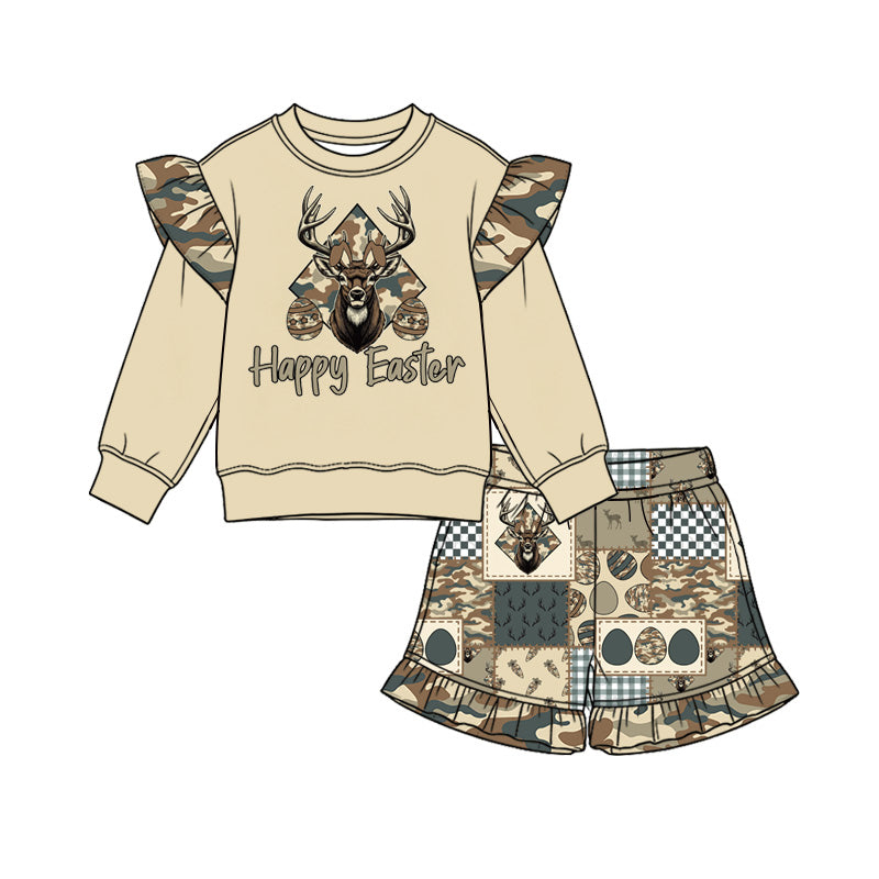 (Preorder new) No moq Baby Girls Easter Deer Patchwork Camo Dress Romper And Pant Sets Matching Clothing
