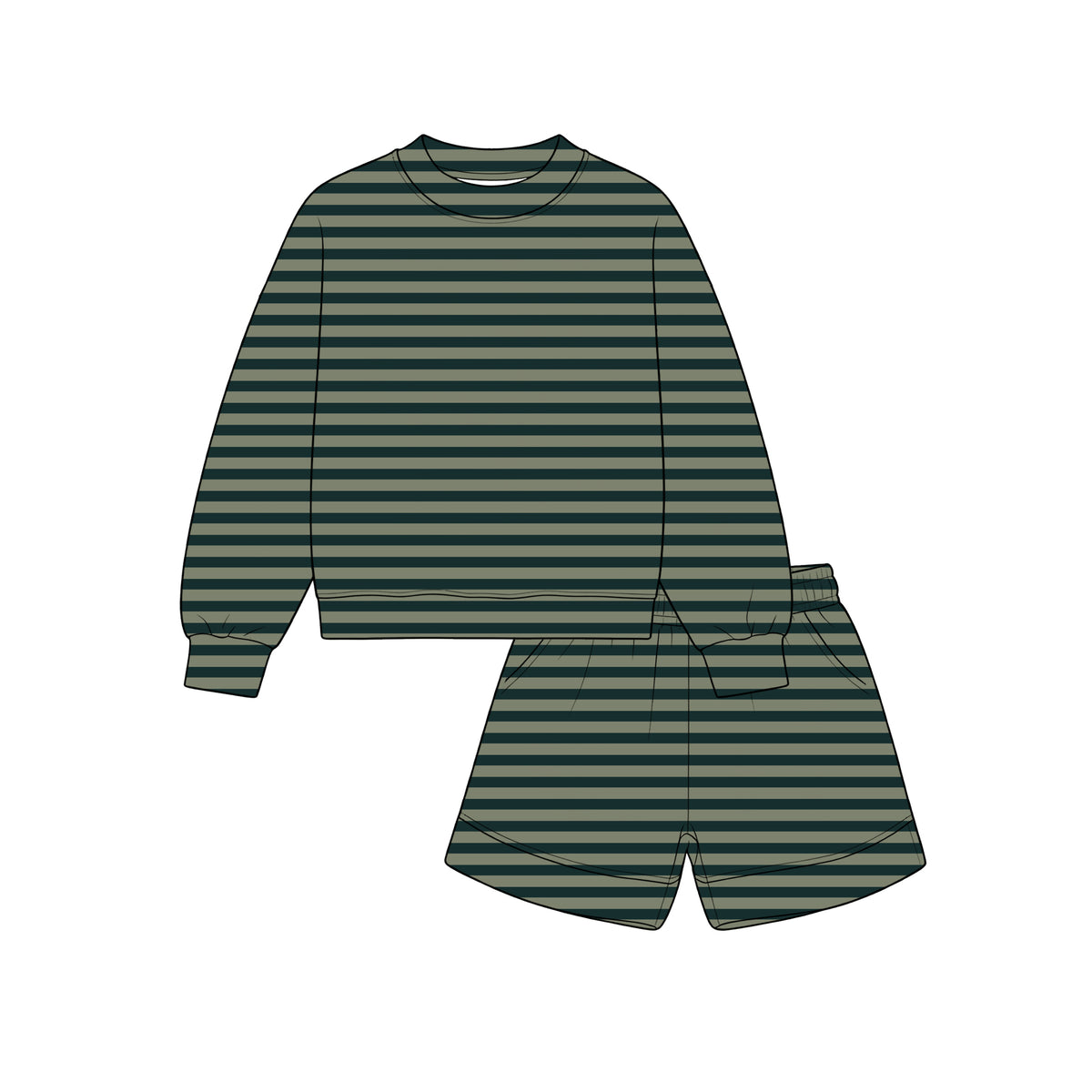 (Preorder new) No moq GLS0275 Baby Girls Green Striped Long Sleeve Top Pocket Short Pant Casual Set