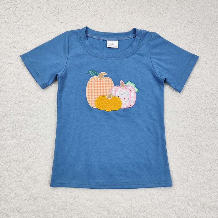 RTS NO MOQ Baby Girls Boys Blue Stripes Pumpkin Sibling Shirt Dresses Pumpkin Embroidery