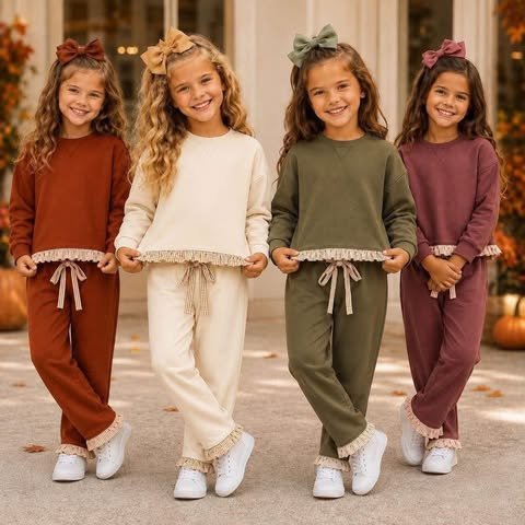 custom moq 5 mix size GSCKLSH01 Baby Girls Long Sleeve Crewneck Sweatshirt Lace Trim Cuff Wide Leg Pants Set